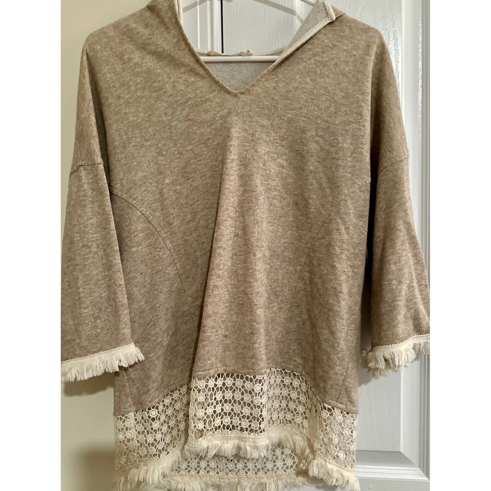 Ellison Womens Boho Crochet Lace Fringe Hoodie Sweatshirt Tan Oatmeal Small - Picture 5 of 9